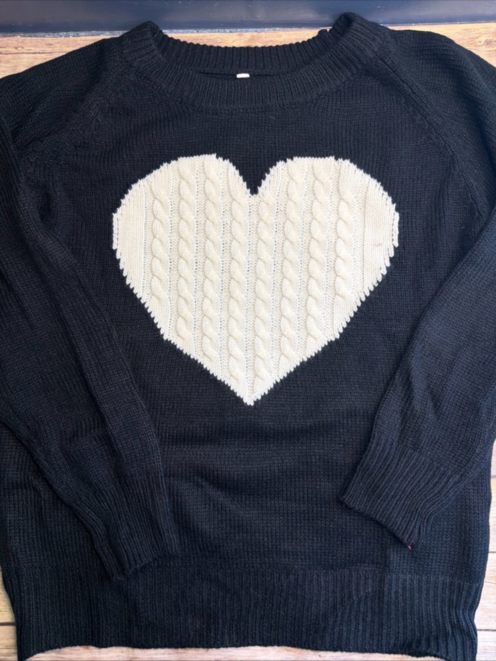 Black Women's Heart Knit Sweater with Cream Cable-Heart Detail